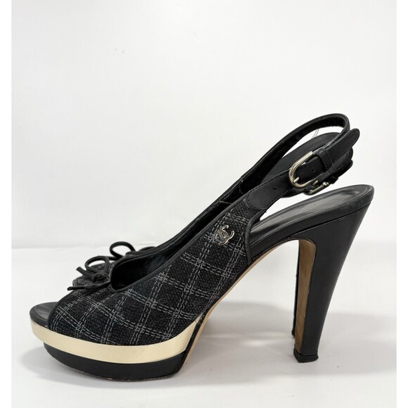 Chanel Black Checkered Embroidered Canvas Peep Toe Platform Slingbacks Sz EU 35C - Picture 2 of 16
